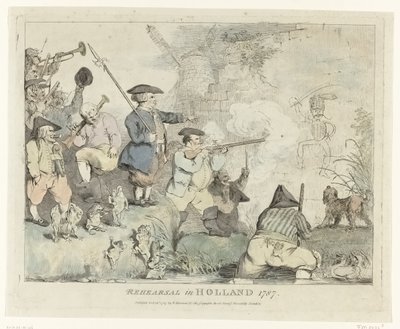 El ensayo Ensayo en Holanda 1787 (título sobre objeto) Cuatro caricaturas inglesas sobre los patriotas en 1787 (título de la serie) de Johann Heinrich Ramberg