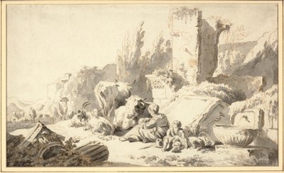 Un arriero con su familia y ganado junto a ruinas clásicas de Johann Heinrich Roos