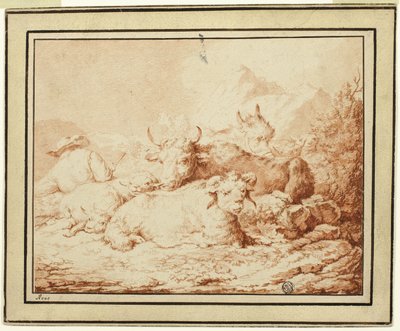 Ganado y Ovejas con Pastor en Paisaje Rocoso de Johann Heinrich Roos