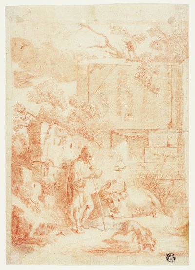 Vaquero con toro y perro en ruinas de Johann Heinrich Roos