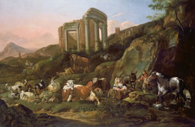Animales de granja en un paisaje clásico, 1684 de Johann Heinrich Roos