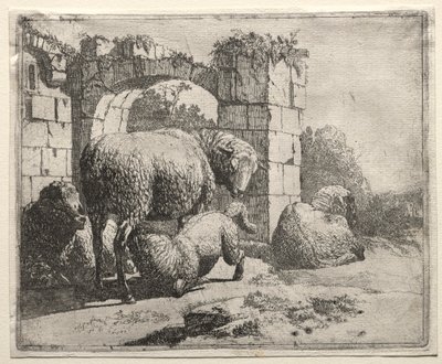 Ovejas cerca de las ruinas de un arco de Johann Heinrich Roos