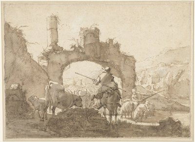 Dos pastores conducen su ganado a través de un río de Johann Heinrich Roos