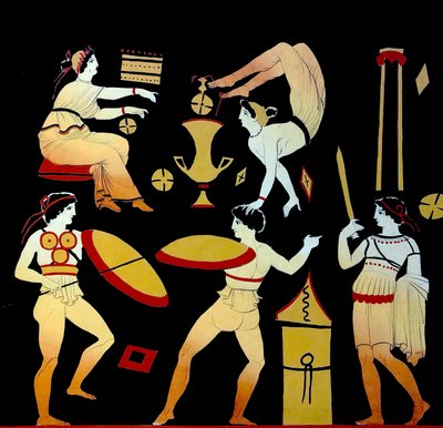 Acróbatas y tres hombres realizando la danza de guerra Pyrrhichios o Pyrrhike c.1796 (grabado en placa de cobre) de Johann Heinrich Wilhelm Tischbein