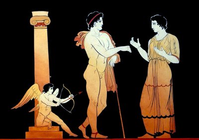 Eros apuntando una de sus flechas a una pareja joven hablando c.1796 (Grabado en placa de cobre) de Johann Heinrich Wilhelm Tischbein