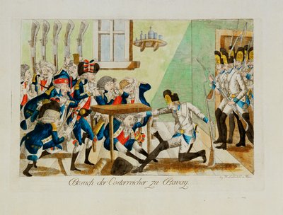 Soldados austriacos sorprenden a un destacamento francés en su cuartel de Bavai ... (grabado) de Johann Hieronymus Loeschenkohl