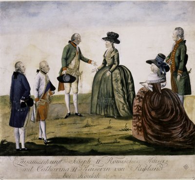 Encuentro de Catalina II y José II en el Dniéper el Ma... (grabado en color) de Johann Hieronymus Loeschenkohl