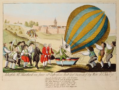 Regreso de M. Blanchard de su 38º viaje aéreo ... (grabado) de Johann Hieronymus Loeschenkohl