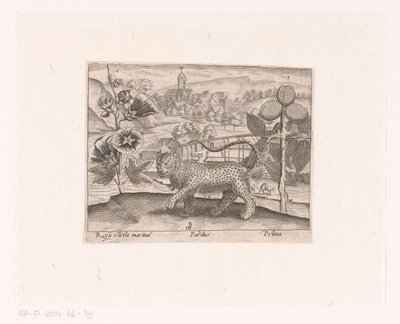 Serie de Estampas con Flores y Animales en un Paisaje Paisaje con malvarrosa, leopardo y ciruelo Paisajes con animales, plantas y flores (título de serie) de Johann Hogenberg