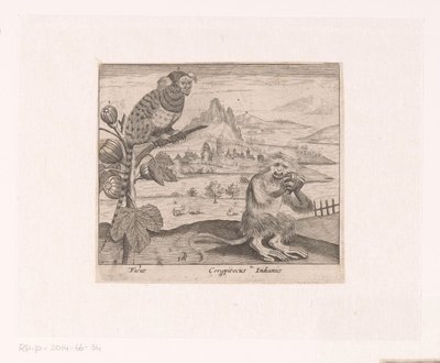 Serie de Estampas con Flores y Animales en un Paisaje Paisaje con higuera y mono Paisajes con animales, plantas y flores (título de serie) de Johann Hogenberg