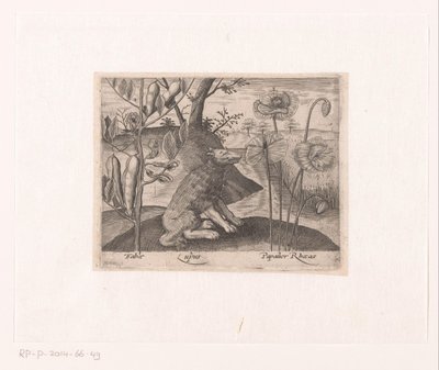 Serie de Estampas con Flores y Animales en un Paisaje Paisaje con lobo y plantas. Paisajes con animales, plantas y flores (título de serie) de Johann Hogenberg