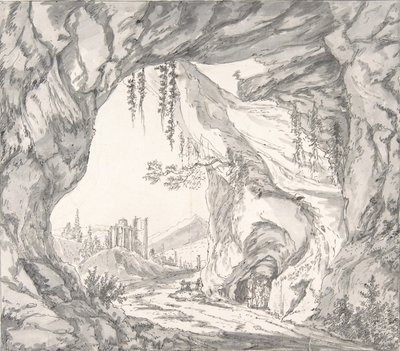 Paisaje montañoso con ruinas de un castillo y tres hombres en una cueva..., finales del siglo XVIII-principios del siglo XIX de Johann Huber
