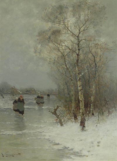 Niñas Caminando en un Río Congelado de Johann II Jungblut