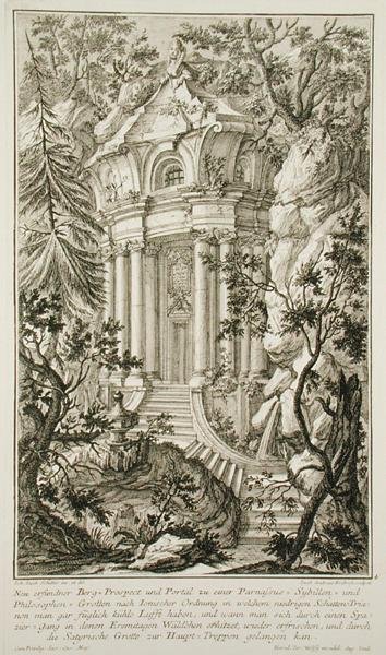 Templo en un jardín, grabado por Jacob Andreas Fridrich de Johann Jacob (after) Schubler