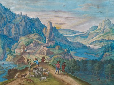 Paisaje montañoso al anochecer con valle fluvial y figuras, 1640 de Johann Jacob Besserer