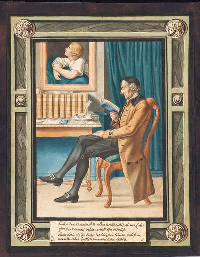 Retrato de Johann Caspar Lavater (1741-1801), de perfil a la izquierda, sentado y leyendo un libro (acuarela sobre grabado) de Johann Jacob Lips
