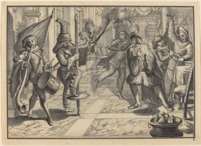 Mezzetin y Arlequín, disfrazados de Capitán, interrumpen la cena de Pantalón de Johann Jacob Schubler