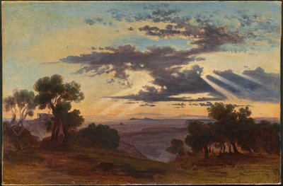 Sol rompiendo a través de las nubes sobre la Campiña Romana de Johann Jakob Frey