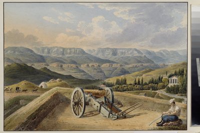 La fortaleza de Kislovodsk (Cáucaso Norte). Batterie dans les montagnes. La fortaleza de Kislovodsk. Batería en las montañas. Obra de Johann Jakob Meier (1787-1858), acuarela sobre papel, vers 1843. Art allemand 19e siecle. Museo Estatal A. Pushkin de Bell de Johann Jakob Meyer