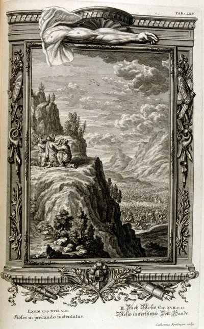 Aarón y Hur sostienen la mano de Moisés en el Sinaí, cuando los israelitas huyeron al Sinaí, Éxodo de Egipto de Johann Jakob Scheuchzer