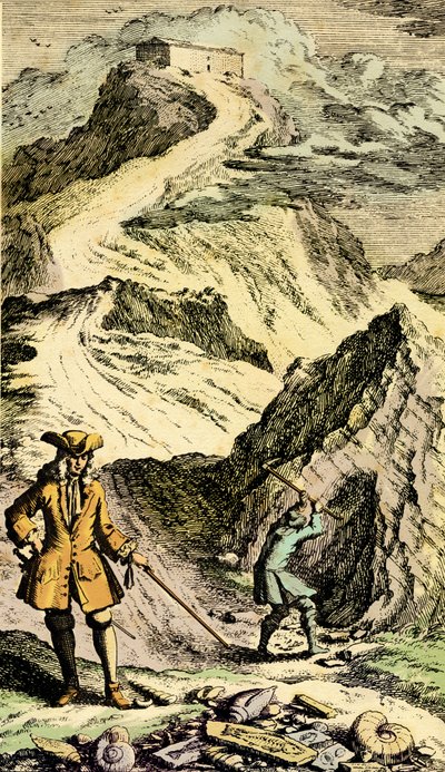 Paleontología: El naturalista suizo Johann Jakob Scheuchzer (1672-1733) descubrió en las montañas suizas las huellas del Diluvio Universal gracias a los fósiles. Grabado del "Museum Diluvianum"". de Johann Jakob Scheuchzer
