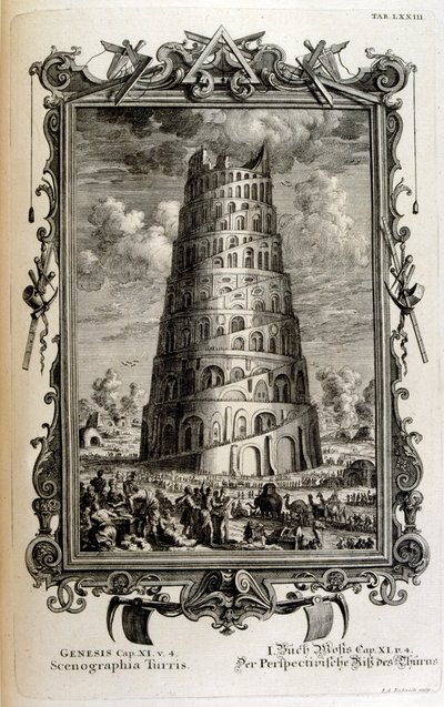 Plano de la Torre de Babel vista lateralmente de Johann Jakob Scheuchzer