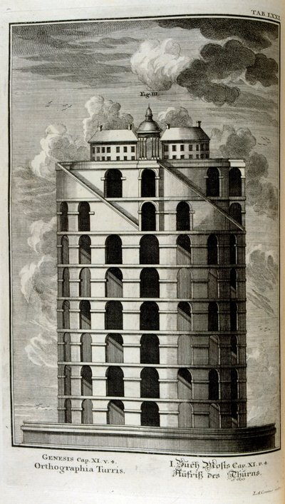 Plano de la Torre de Babel vista lateralmente de Johann Jakob Scheuchzer