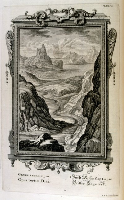 El relato de la creación del Génesis es el mito de la creación tanto del judaísmo como del cristianismo. El tercer día de la creación: Se crean los mares de Johann Jakob Scheuchzer