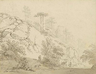 Agricultores descansando en terreno rocoso, castillo de fondo de Johann Josef Schindler