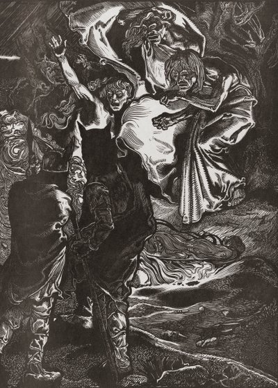 Macbeth y Banquo se encuentran con las tres brujas, siglo XX (grabado) de Johann Joseph Aarts