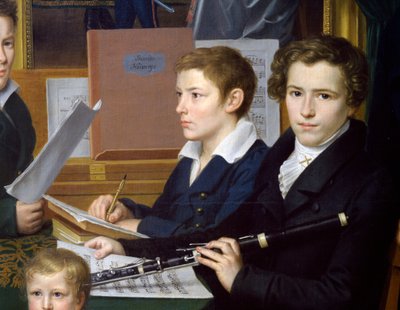 Niño con flauta, detalle de Los hijos del calígrafo Heinrings de Johann Kaspar Benedict Beckenkamp