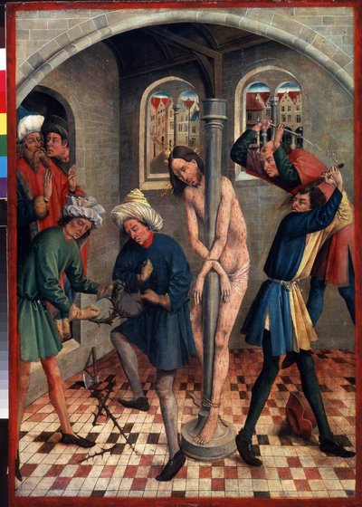 La flagelación de Cristo. Los hombres hacen la corona de espinas mientras otros azotan a Jesús atado a la columna, con diferentes látigos. Pintura de Johann Koerbecke (entre 1415 y 1491), antes de 1457. Témpera sobre madera. Arte alemán de Johann Koerbecke