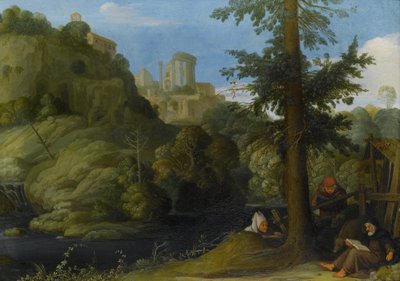 Un ermitaño con dos viajeros en un paisaje boscoso de Johann König