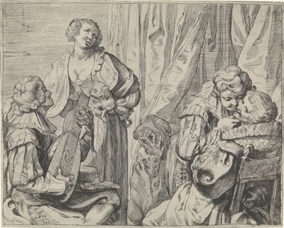 Parejas jóvenes enamoradas y un tonto en un interior. de Johann Liss