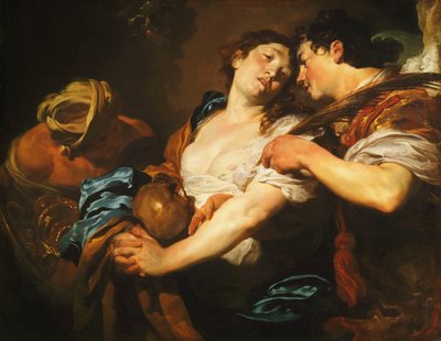Un pecador arrepentido alejándose de la tentación y ofrecido una palma de salvación por un ángel de Johann Liss or Lis or von Lys