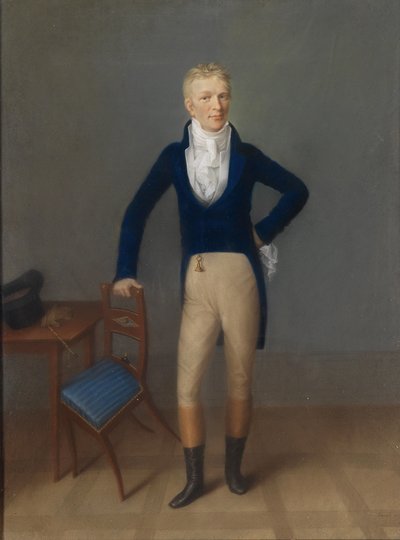 Retrato de un caballero rubio de cuerpo entero en traje de montar, apoyado en el respaldo de un sillón de Johann Lorenz Kreul