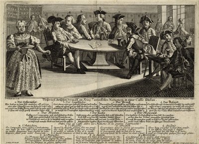 Conversación entre 7 naciones involucradas en la guerra en un café, 1757 de Johann Lorenz Rugendas the Elder