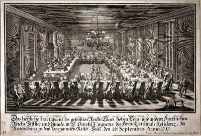 Banquete en el Salón del Rey en el Palacio del Cardenal de Ratisbona, 26 de septiembre de 1717 de Johann Matthias and Geyer Andreas Steidlin