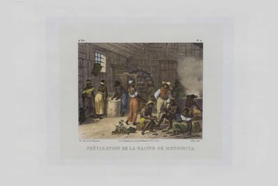 Preparación de raíces de mandioca. De Malerische Reise en Brasil, 1830-1835 de Johann Moritz Rugendas
