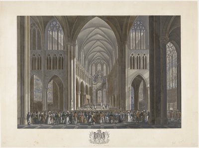 Inauguración del rey Guillermo I en la iglesia de Santa Gúdula de Bruselas el 21 de septiembre de 1815
Doce láminas de la llegada e inauguración de Guillermo I en Bruselas y las batallas de Quatre-Bras y Waterloo en 1815 (título de la serie) de Johann Nepomuk Gibèle (possibly)