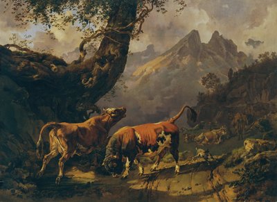 Toro persiguiendo a una vaca, en el paisaje de fondo cerca de Carrara de Johann Nepomuk Rauch