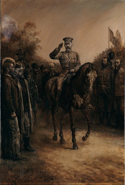 El General Lord Kitchener saludando mientras pasa frente a los líderes bóer que se quitan el sombrero, 1902 de Johann Nepomuk Schonberg