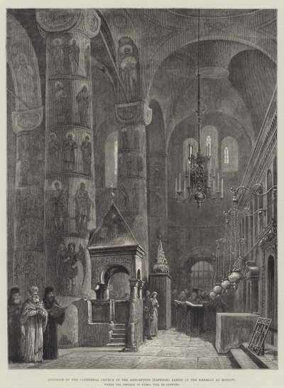 Interior de la Catedral de la Asunción (Uspenski Sabor) en el Kremlin de Moscú, donde será coronado el emperador de Rusia de Johann Nepomuk Schonberg