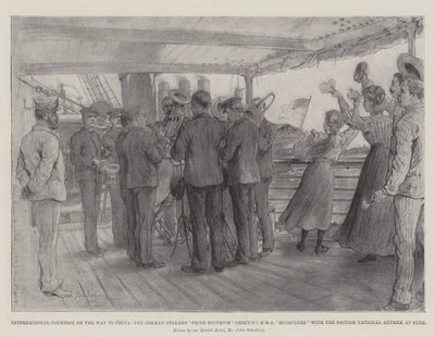 Cortesía internacional en camino a China, el vapor alemán Prinz Heinrich saludando al HMS Highflyer con el Himno Nacional Británico en Suez de Johann Nepomuk Schonberg