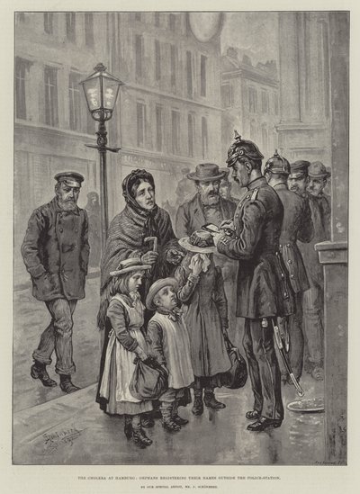 El cólera en Hamburgo, huérfanos registrando sus nombres fuera de la comisaría de Johann Nepomuk Schonberg