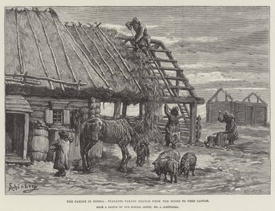 La hambruna en Rusia, campesinos tomando paja de los techos para alimentar al ganado de Johann Nepomuk Schonberg