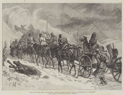 La guerra entre Serbia y Bulgaria, artillería serbia cruzando las montañas Ploca en una tormenta de nieve de Johann Nepomuk Schonberg
