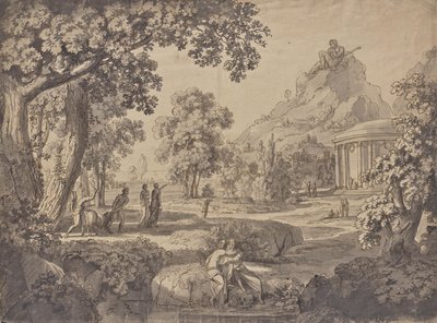 Paisaje clásico con un templo, un gigante en una montaña de Johann Nepomuk Schödlberger