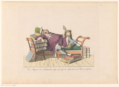 Leraar van Krähwinkel liggend op een sofa met boeken
El Magister de Krähwinkel se recuesta sobre las lenguas y las ciencias (título en el objeto) de Johann Nussbiegel (possibly)