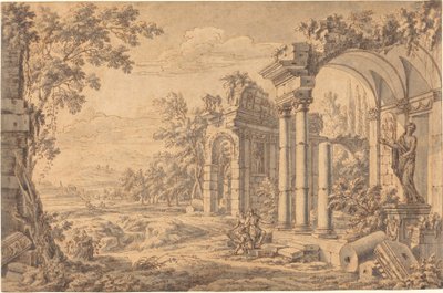 Paisaje con un dibujante entre ruinas antiguas de Johann Oswald Harms